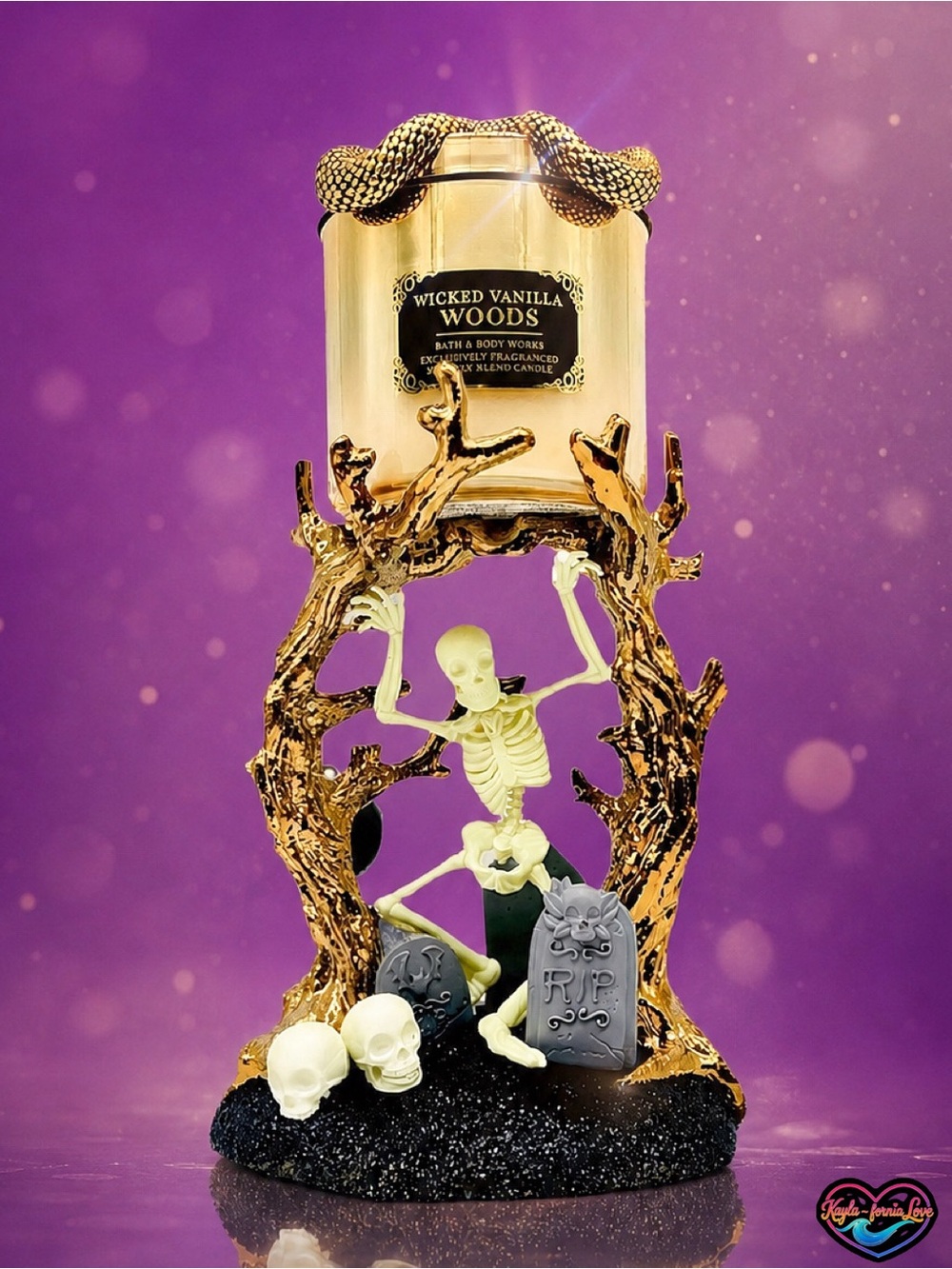 BBW Wicked Vanilla Woods Snake Lid + Glow Skeleton Candle Holder Set